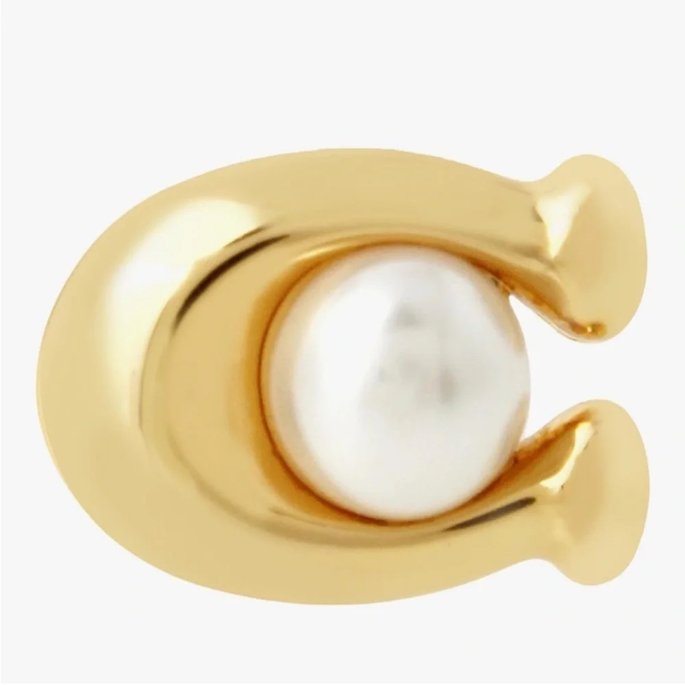 Coach Gold & Pearl C-Shape Post Earrings NWT - Picture 2 of 8